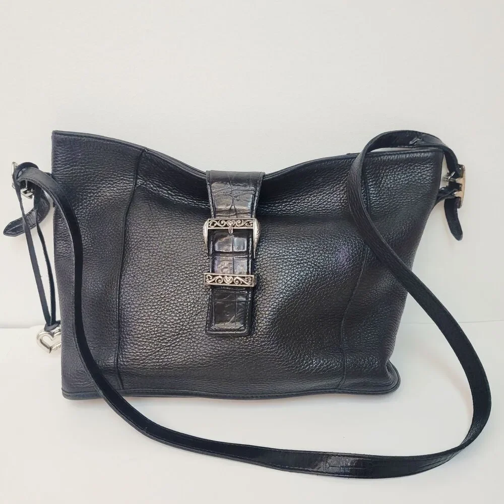 Brighton Black Pebbled Leather Shoulder Bag Croc Embossed Trim Silver Heart...